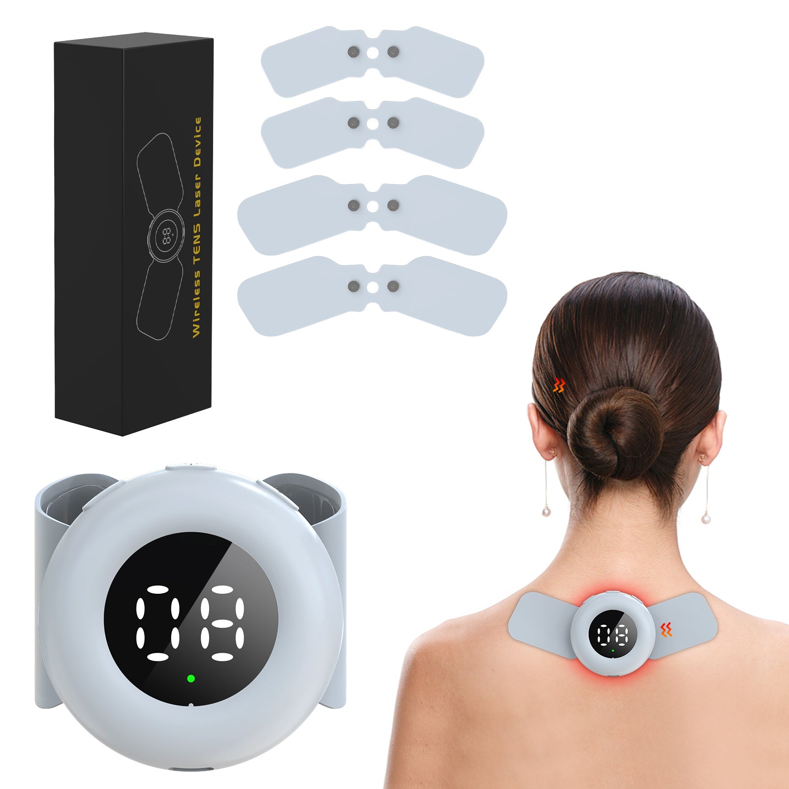 VecNythra 4-in-1 TENS & EMS Muscle Stimulator with Red Light Therapy, 20 Levels Adjustable Electric Neck & Back Massager, Rechargeable Portable Pain Relief Device for Shoulder, Legs, Arms, Cervical, Sciatica, Arthritis – 4 Electrode Pads Included