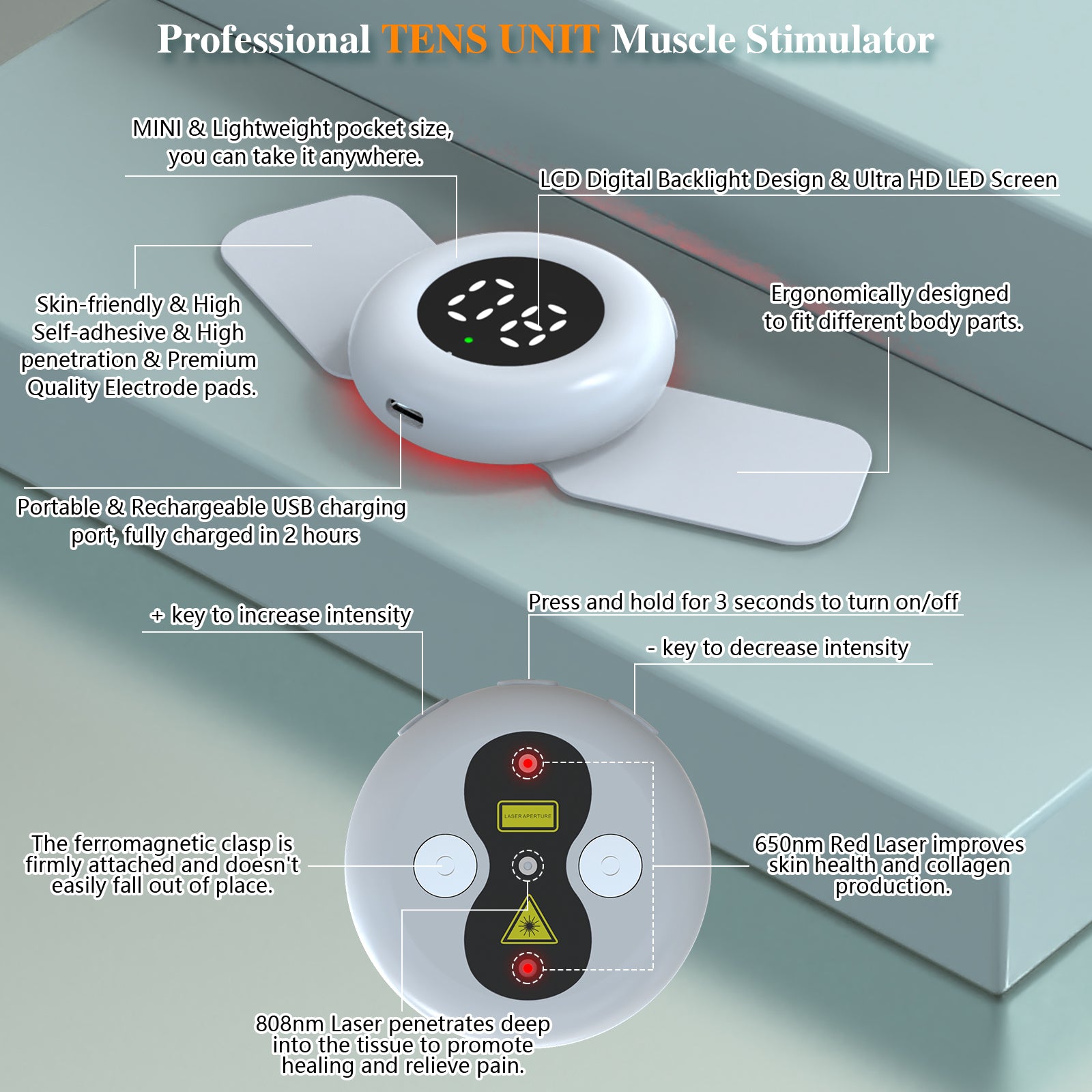 VecNythra 4-in-1 TENS & EMS Muscle Stimulator with Red Light Therapy, 20 Levels Adjustable Electric Neck & Back Massager, Rechargeable Portable Pain Relief Device for Shoulder, Legs, Arms, Cervical, Sciatica, Arthritis – 4 Electrode Pads Included