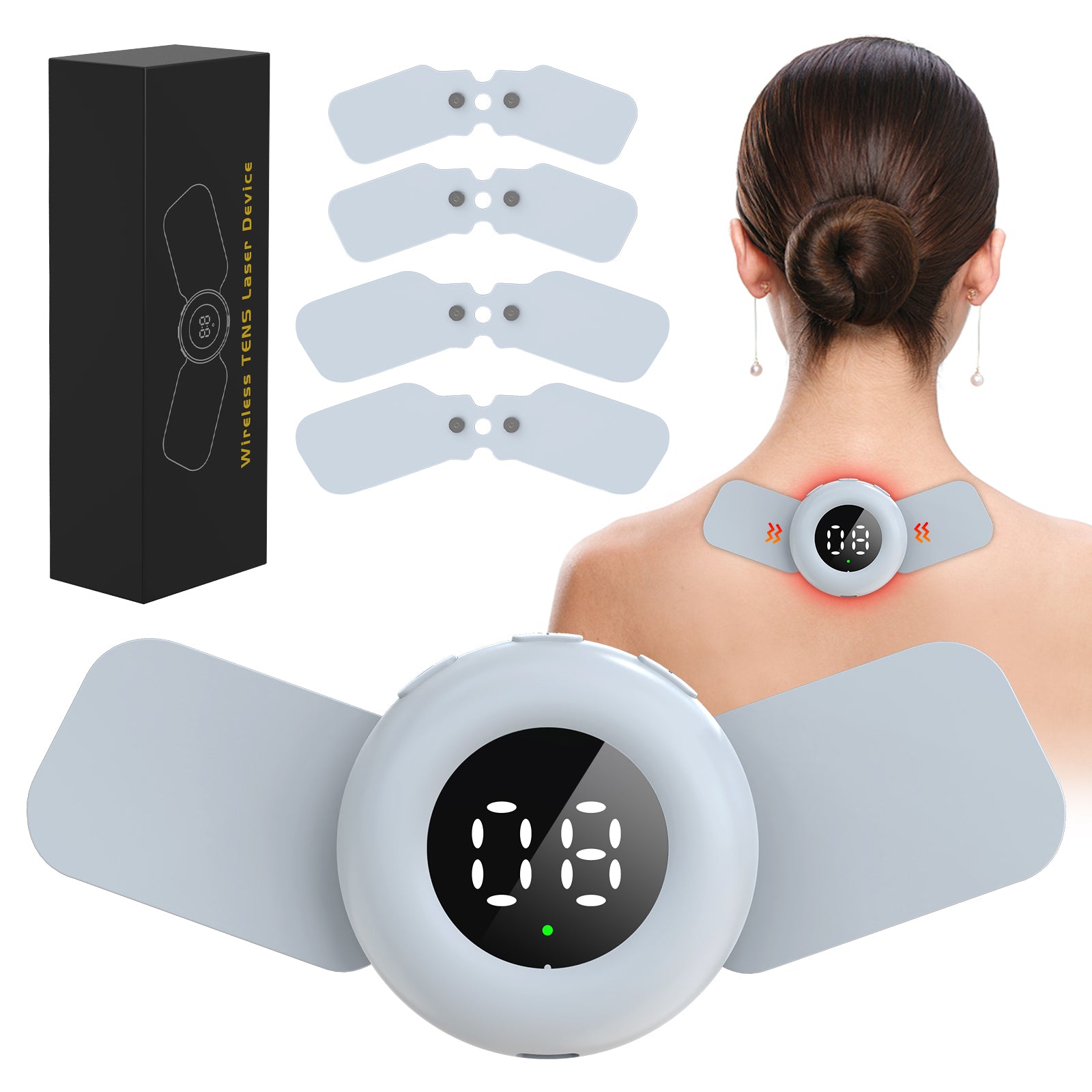 VecNythra 4-in-1 TENS & EMS Muscle Stimulator with Red Light Therapy, 20 Levels Adjustable Electric Neck & Back Massager, Rechargeable Portable Pain Relief Device for Shoulder, Legs, Arms, Cervical, Sciatica, Arthritis – 4 Electrode Pads Included