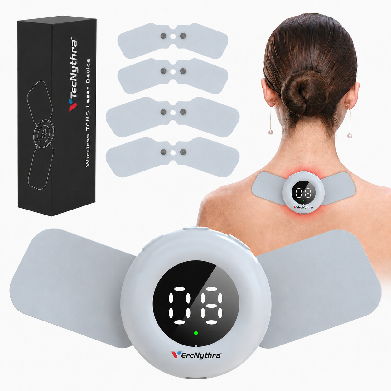 VecNythra 4-in-1 TENS & EMS Muscle Stimulator with Red Light Therapy, 20 Levels Adjustable Electric Neck & Back Massager, Rechargeable Portable Pain Relief Device for Shoulder, Legs, Arms, Cervical, Sciatica, Arthritis – 4 Electrode Pads Included