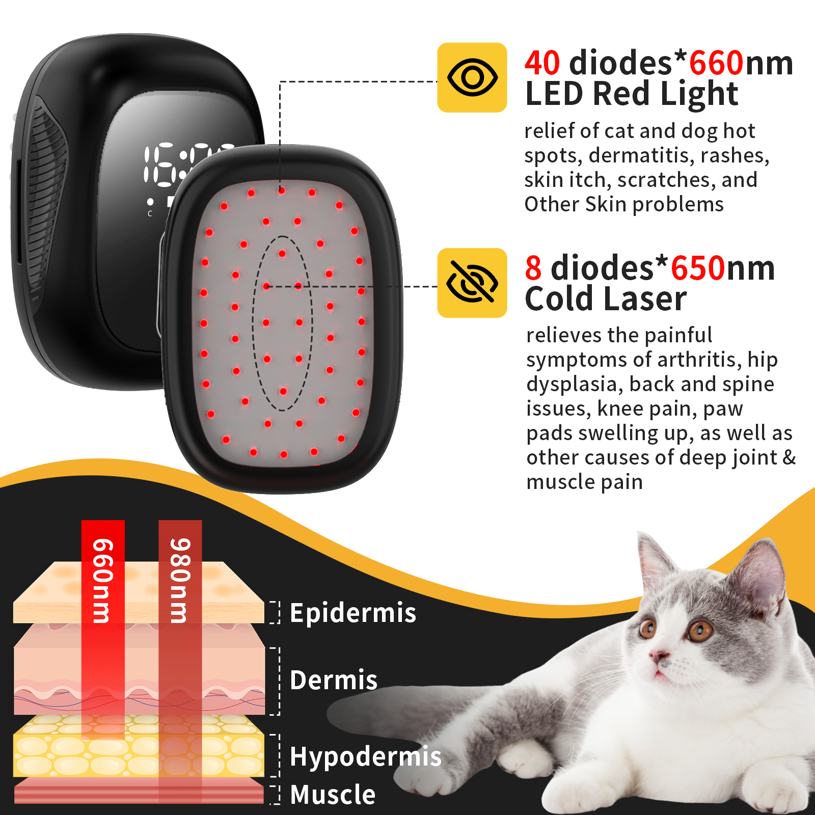 PUPCA Dogs Cold Laser Therapy Comb Device,Red Light Therapy Vet Device for Arthritis Pain Relief,Cat Treatment Brush for Itchy,Irritated Skin,Allergy,Rashes,Safe and Painless Skin Care for Pets
