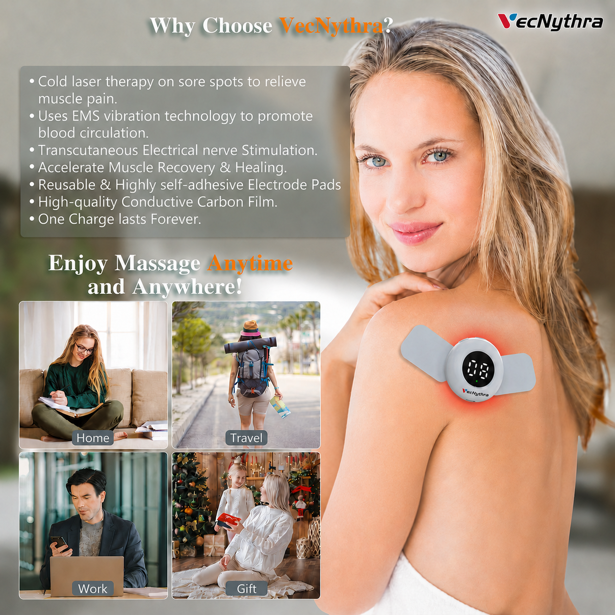 VecNythra 4-in-1 TENS & EMS Muscle Stimulator with Red Light Therapy, 20 Levels Adjustable Electric Neck & Back Massager, Rechargeable Portable Pain Relief Device for Shoulder, Legs, Arms, Cervical, Sciatica, Arthritis – 4 Electrode Pads Included