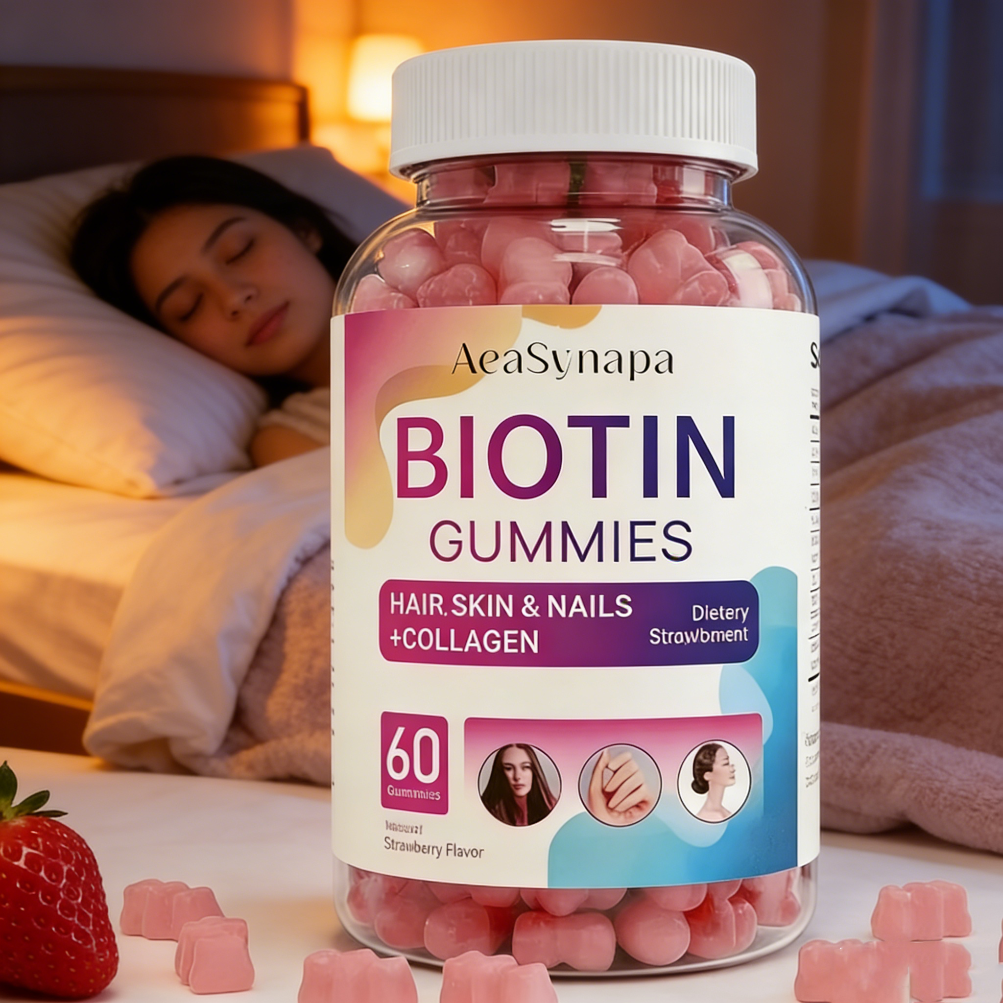 Aeasynapa 60pcs Biotin Gummies - 12000mcg, Vitamin-Enriched with Collagen & Keratin for Hair, Skin & Nail Growth - Hypoallergenic, Supports Healthy Shine & Strength - for Men & Women